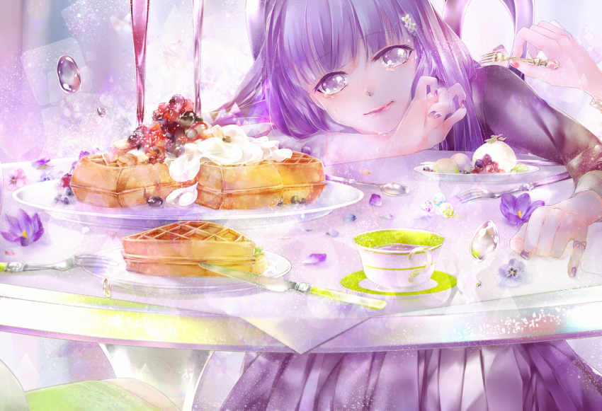1girl, ayakami, berries, butter, cup, dress, fork, knife