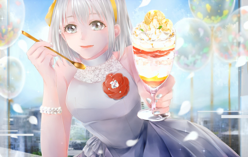 ayakami, bare_shoulders, blurry_background, bracelet, bubble, dessert, dress, flower