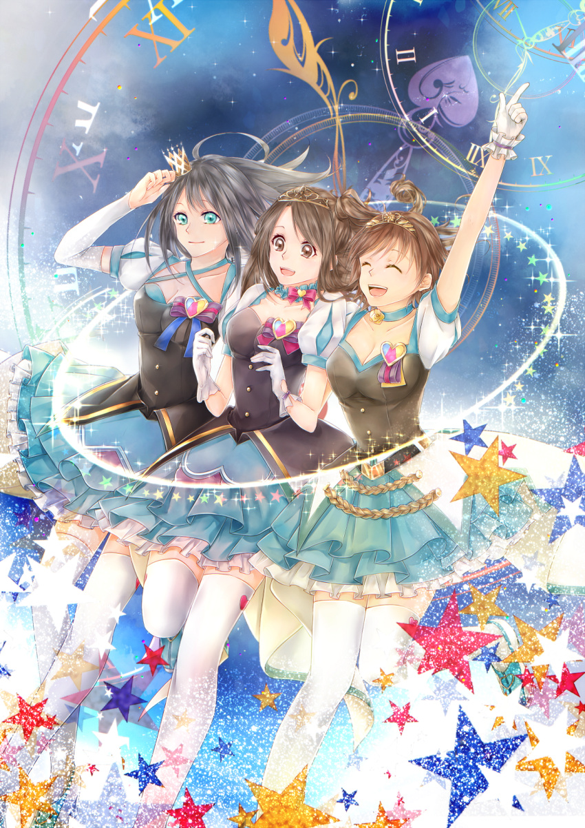 3girls, ayakami, black_hair, brown_eyes, brown_hair, crown, frilled_skirt, frills