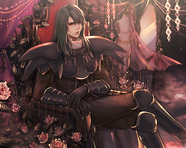 1boy, armor, black_gloves, black_hair, black_legwear, crossed_legs, curtains, flower
