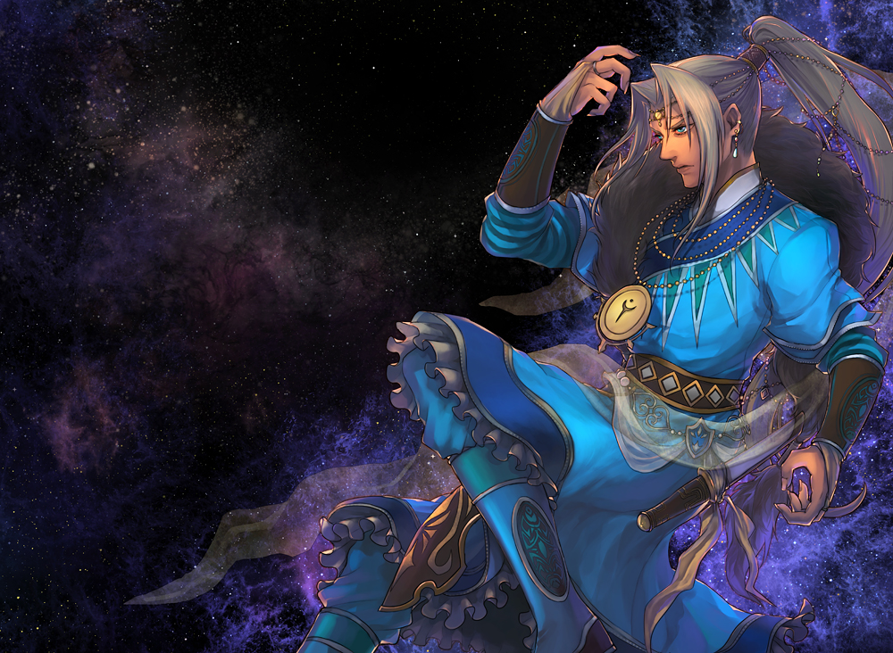 1boy, beads, blue_(saga_frontier), blue_boots, blue_clothes, boots, bracer, earrings