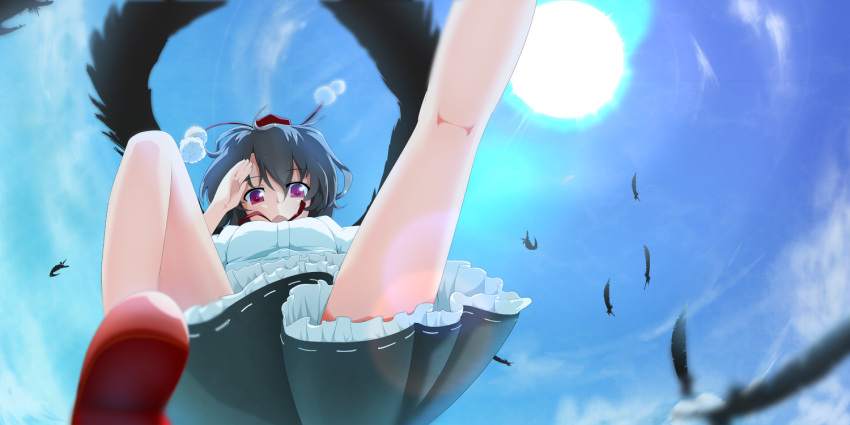 1girl, bird_wings, black_hair, black_skirt, black_wings, day, feathers, frilled_skirt