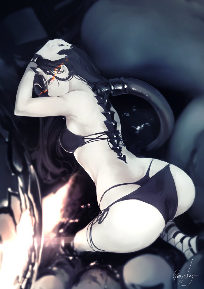 1girl, armpits, artist_name, ass, back, bare_shoulders, battleship_summer_hime, bikini