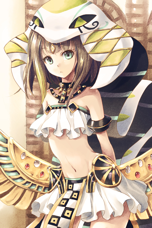 1girl, armlet, bare_shoulders, brown_hair, character_request, commentary_request, green_eyes, hat