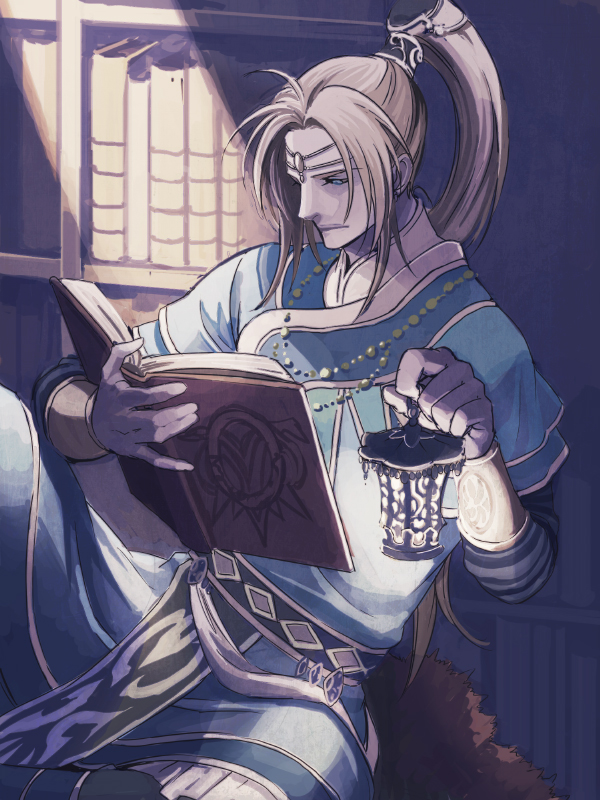 1boy, blue_(saga_frontier), blue_eyes, book, bookshelf, hair_ornament, indoors, jewelry