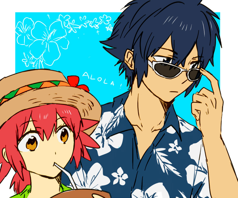 1boy, 1girl, alain_(pokemon), alternate_costume, drinking, drinking_straw, floral_print, glasses