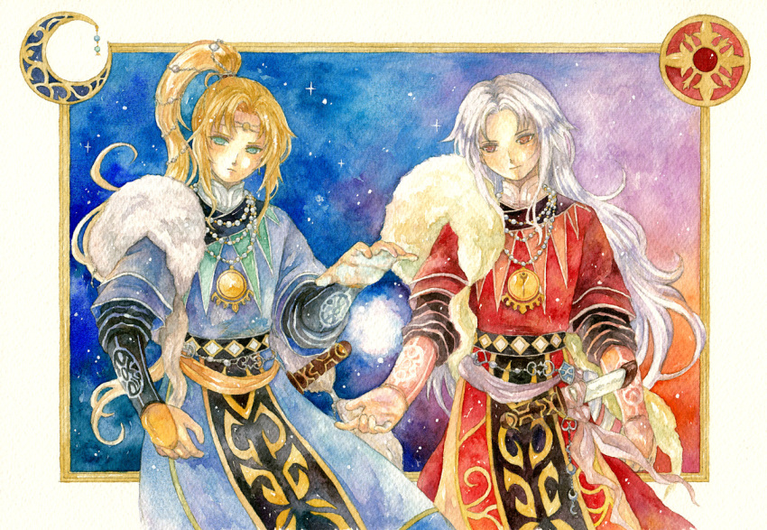 2boys, blonde_hair, blue_(saga_frontier), blue_eyes, headband, jewelry, magic, male_focus