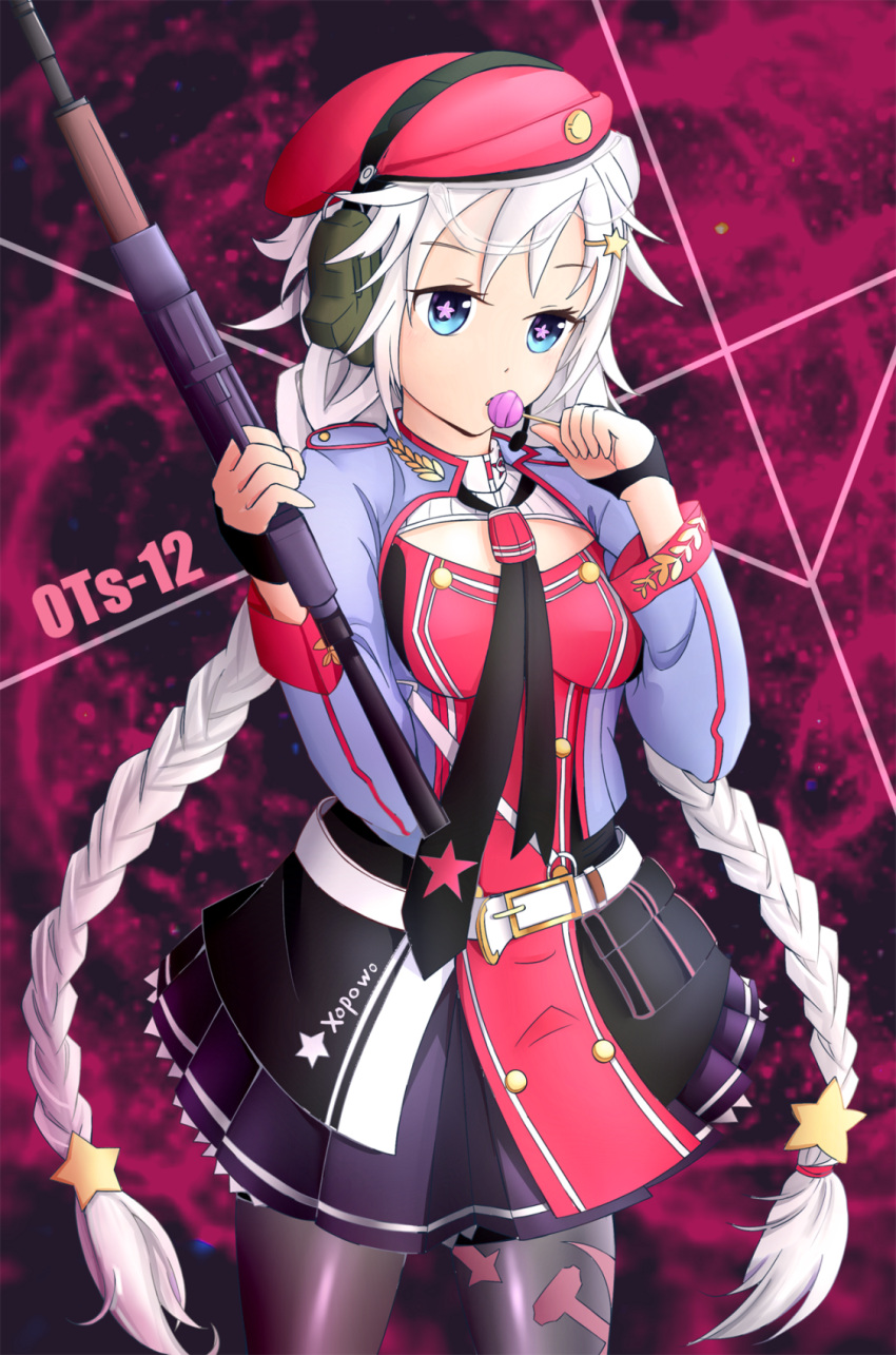 beret, blue_eyes, braid, candy, fingerless_gloves, girls_frontline, gloves, gun