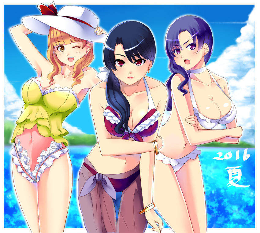 3girls, :d, armpits, bare_shoulders, bikini, blonde_hair, blue_hair, bracelet