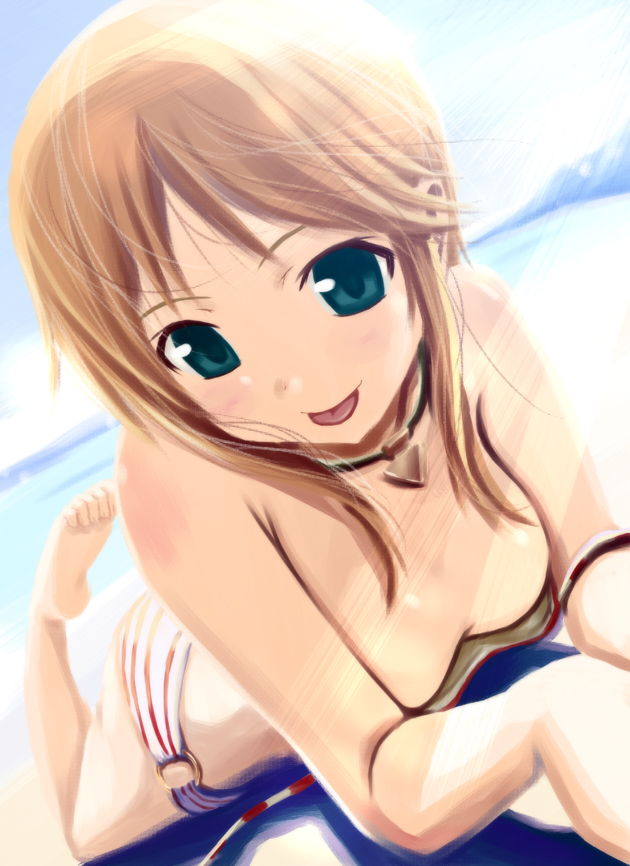 :p, beach, bikini, blonde_hair, breasts, cleavage, dutch_angle, elpeo_puru, feet, futari_no_ana, green_eyes, gundam, gundam_zz, jewelry, long_hair, necklace, on_stomach, sunbathing, swimsuit, tongue, untied, wadapen