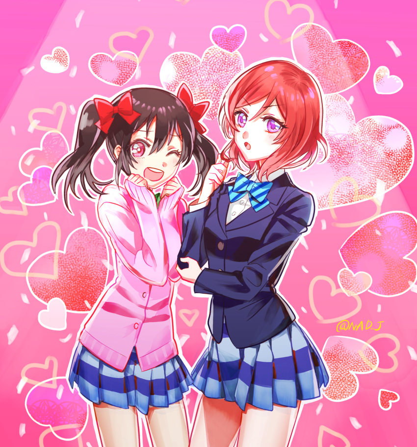>:o, 2girls, :o, ;d, bangs, black_hair, blazer, blue_bow