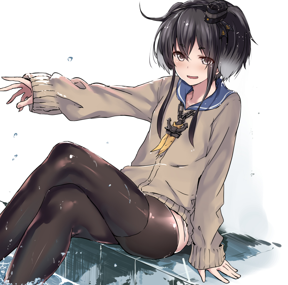 1girl, anchor, anchor_symbol, black_hair, black_legwear, blush, brown_eyes, cardigan