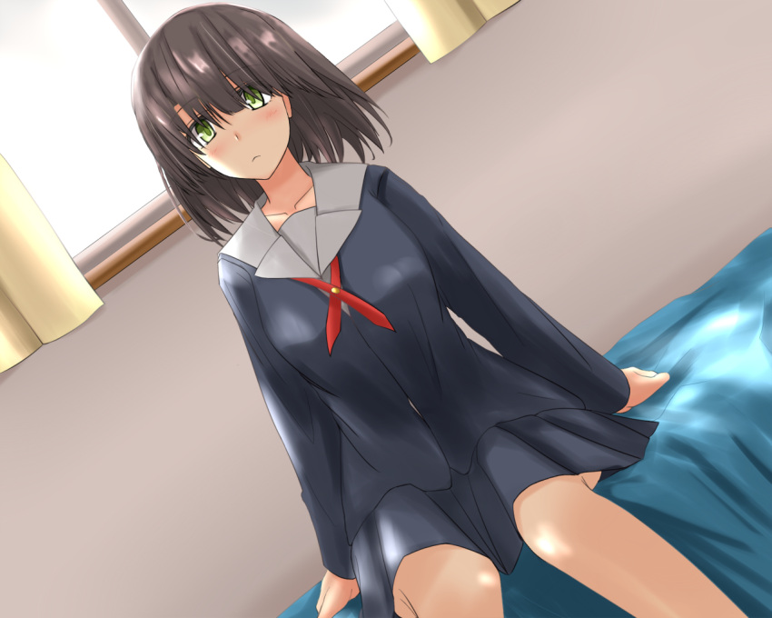 alternate_eye_color, blush, brown_hair, green_eyes, katou_megumi, on_bed, saenai_heroine_no_sodatekata, school_uniform
