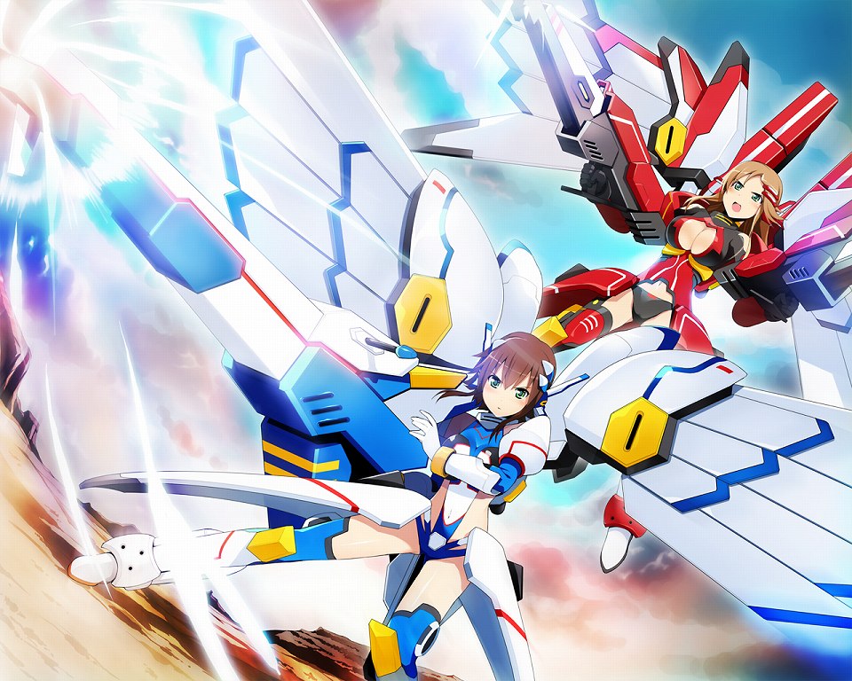 2girls, akane_vermell, boots, cosmic_break, female, haruka_langit, mecha_musume, multiple_girls, official_art, thigh-highs, thigh_boots, wings