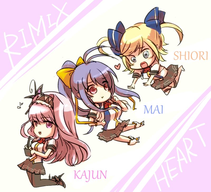 3girls, antenna_hair, blazblue, blazblue_remix_heart, blonde_hair, blue_hair, blush, boots