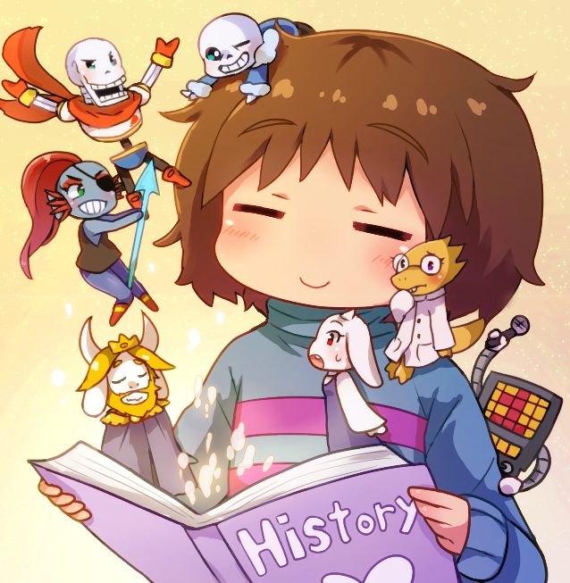 1other, 3girls, 4boys, alphys, asgore_dreemurr, beard, blush, book, brown_hair, cape, chibi, facial_hair, frisk_(undertale), furry, furry_female, furry_male, goat_boy, goat_girl, heart, holding, holding_microphone, horns, labcoat, mettaton, mettaton_(box), microphone, mini_person, miniboy, minigirl, multiple_boys, multiple_girls, non-humanoid_robot, papyrus_(undertale), renoa_yu, robot, sans_(undertale), shirt, skeleton, smile, spear, toriel, undertale, undyne, weapon