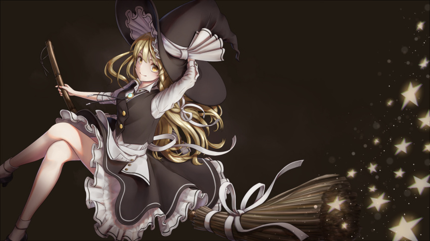 1girl, broom, broom_riding, dtvisu, hand_on_headwear, hat, highres, kirisame_marisa