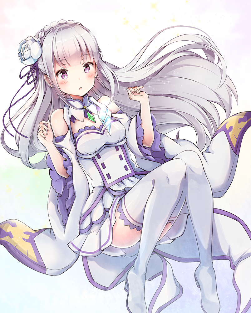 1girl, bare_shoulders, blush, boots, breasts, cleavage, detached_sleeves, emilia_(re:zero)
