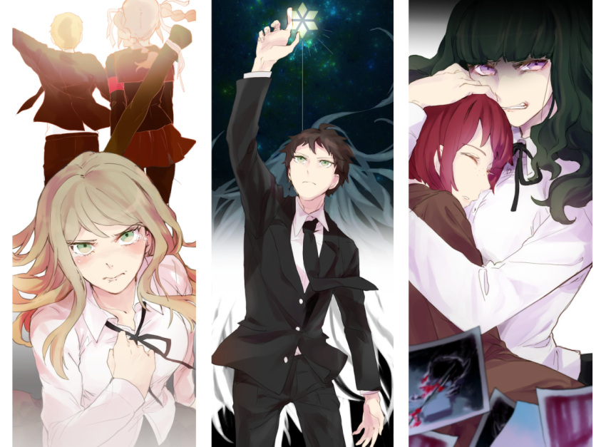 3boys, 4girls, back, black_hair, blonde_hair, blush, braid, brown_hair