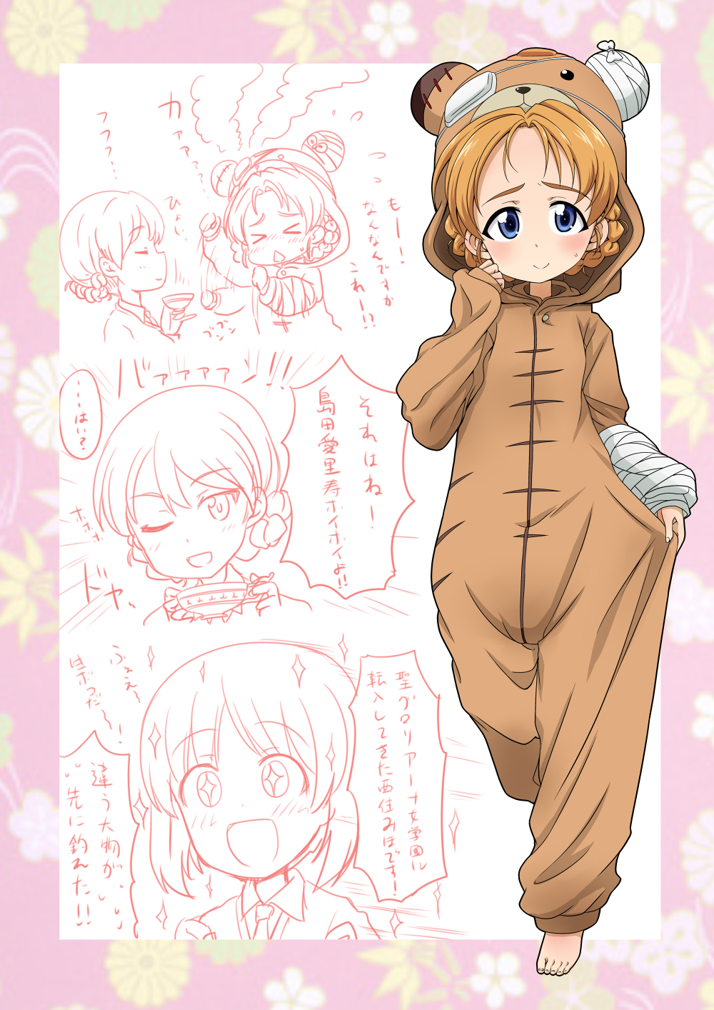 >_<, 3girls, animal_costume, barefoot, bear_costume, blue_eyes, blush, boko_(girls_und_panzer), braid, cast, closed_eyes, cup, darjeeling, embarrassed, full_body, fume, girls_und_panzer, highres, holding, lineart, looking_at_viewer, multiple_girls, nekota_susumu, nishizumi_miho, one_eye_closed, orange_hair, orange_pekoe, pajamas, saucer, short_hair, smile, sparkling_eyes, standing, sweatdrop, teacup, tied_hair, translation_request, triangle_mouth, twin_braids