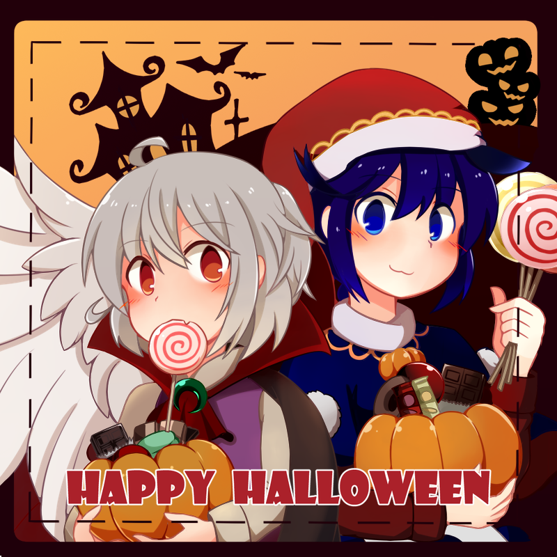 2girls, ahoge, bat, blue_eyes, blue_hair, buna_shimeji_(keymush), candy, cape