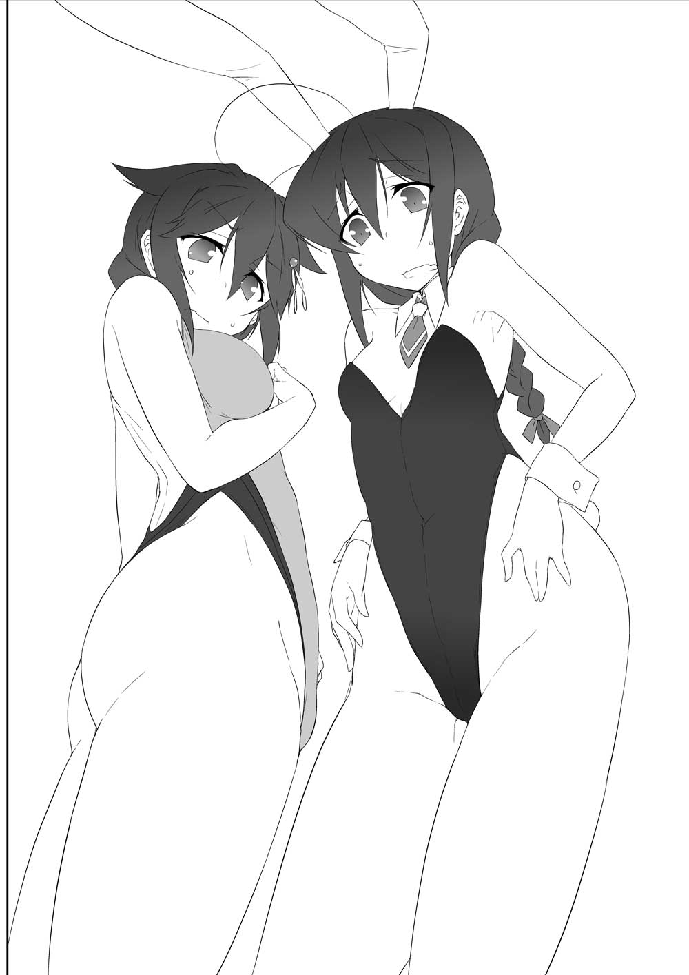 2girls, ahoge, alternate_costume, animal_ears, ass, bare_shoulders, braid, breasts