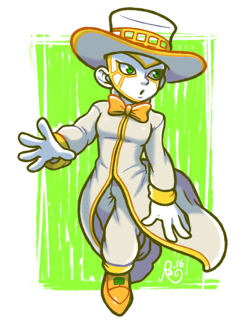 bow, bowtie, coat, full_body, green_eyes, hat, heaven's_door, highres, jojo_no_kimyou_na_bouken, no_humans, open_mouth, raiphen, signature, solo, stand_(jojo)