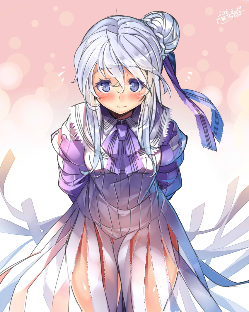 1girl, absurdres, arms_behind_back, blue_eyes, blue_hair, blue_ribbon, blush, closed_mouth