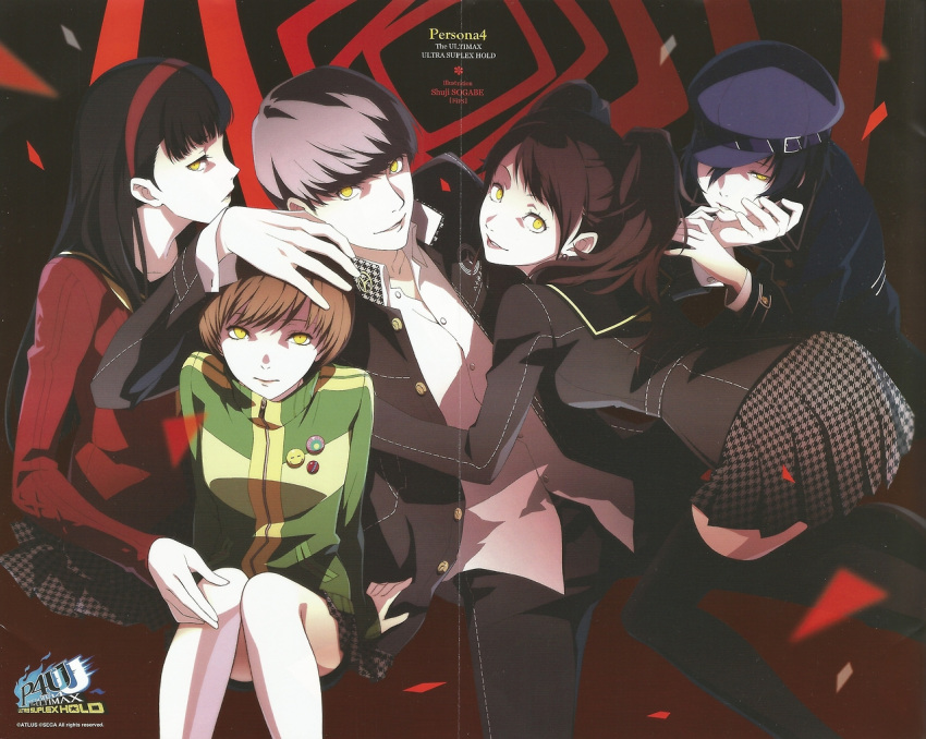 1boy, 4girls, amagi_yukiko, black_hair, blue_hair, brown_hair, evil_grin, evil_smile