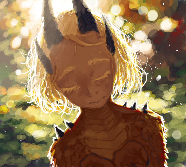 1girl, backlighting, blonde_hair, blurry, closed_eyes, colored_eyelashes, dark_skin, depth_of_field, dracaene_(pachyphytum), dragon_girl, facing_viewer, flat_chest, forest, horns, leaf, nature, original, pachyphytum, scales, solo, sunlight, upper_body