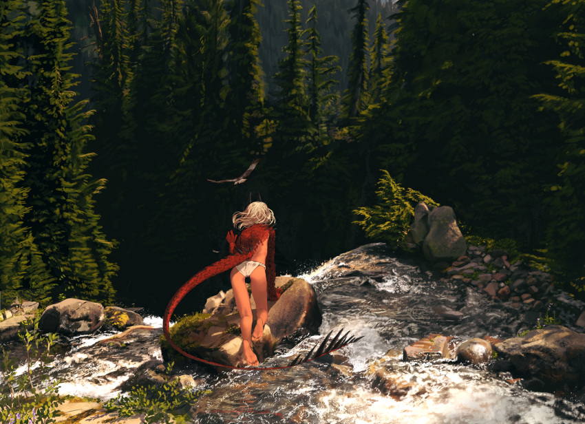 1girl, barefoot, bird, blonde_hair, bush, cedar_tree, claws, dark_skin