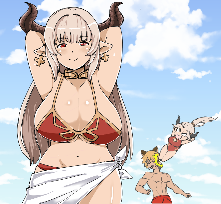 1boy, 2girls, adapted_costume, alicia_(granblue_fantasy), aliza_(granblue_fantasy), animal_ears, arms_up, bangs