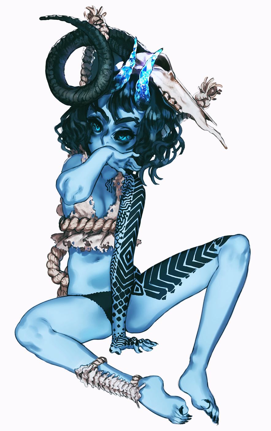 1girl, arm_tattoo, barefoot, between_legs, black_hair, blue_eyes, blue_sclera, blue_skin