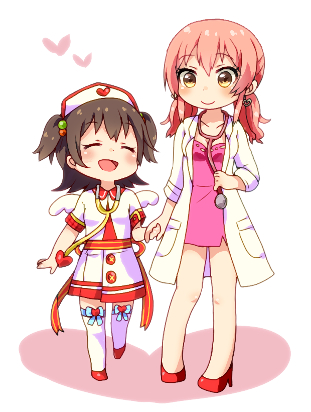 2girls, akagi_miria, alternate_costume, angel, angel_wings, brown_hair, closed_eyes, earrings, eyebrows, eyebrows_visible_through_hair, hat, high_heels, holding_hands, idolmaster, idolmaster_cinderella_girls, jewelry, jougasaki_mika, light_smile, multiple_girls, nurse, nurse_cap, open_mouth, pink_hair, renoa_yu, simple_background, stethoscope, twintails, two_side_up, white_legwear, wings, yellow_eyes