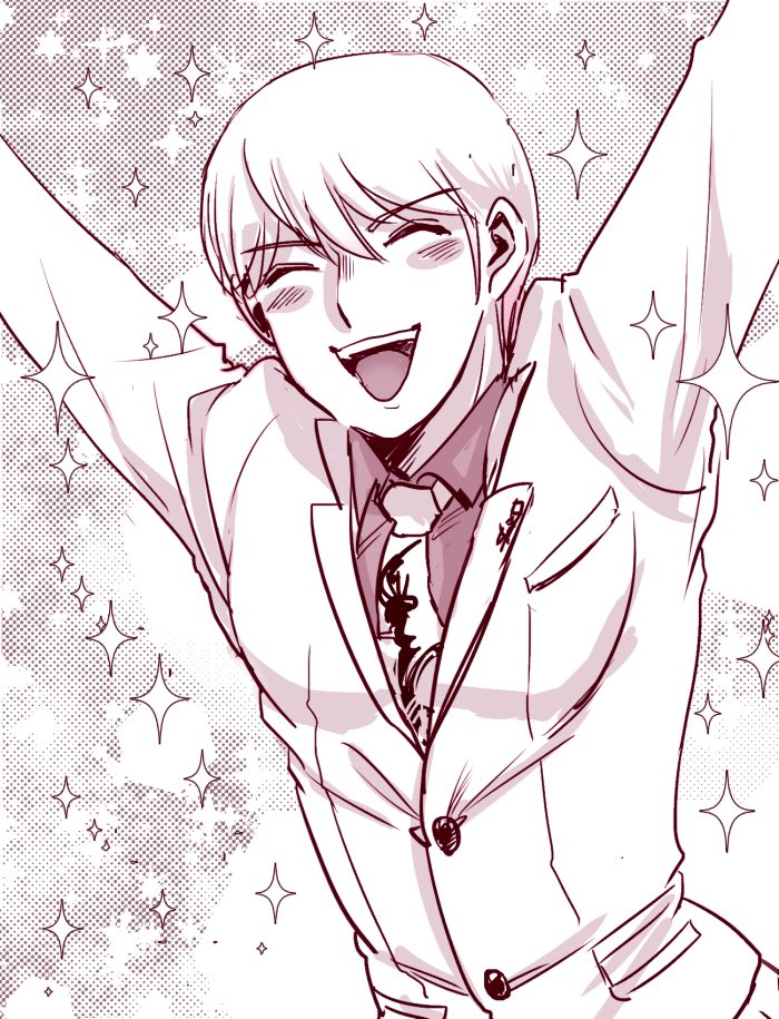1boy, ^_^, arms_up, bangs, blush_stickers, closed_eyes, dangan_ronpa, dangan_ronpa_3