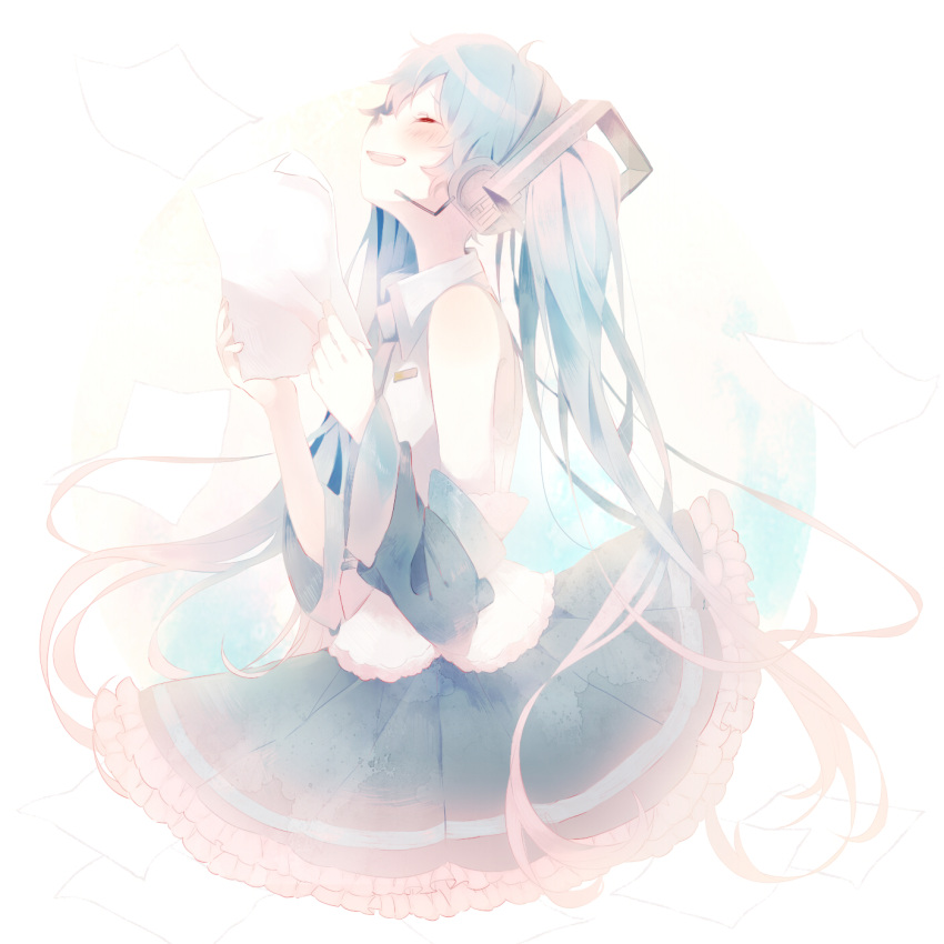 1girl, aqua_hair, black_skirt, blush, closed_eyes, collared_shirt, detached_sleeves, flying_paper