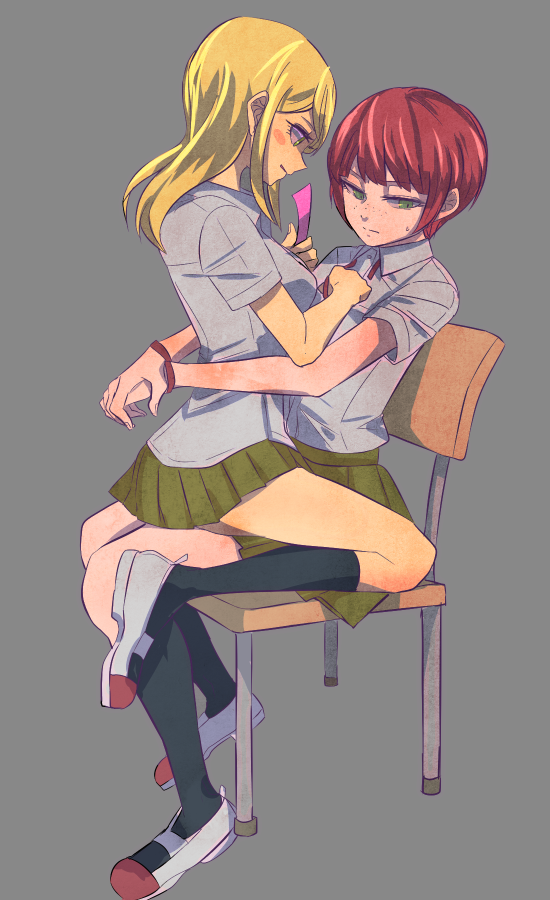 2girls, blonde_hair, dangan_ronpa, dangan_ronpa_3, freckles, green_eyes, koizumi_mahiru, kuzuryuu_natsumi