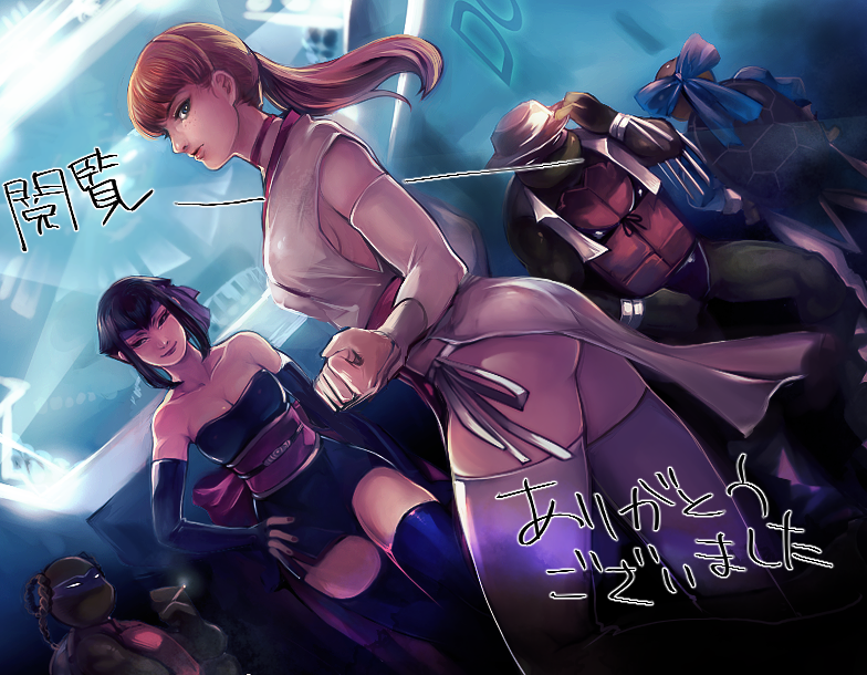 2girls, 3boys, april_o'neil, ayane_(doa)_(cosplay), bow, cosplay, crossdressinging, dead_or_alive, donatello, hair_bow, karai, kasumi_(doa)_(cosplay), leonardo, looking_at_viewer, multiple_boys, multiple_girls, raphael, teenage_mutant_ninja_turtles, yu_kibe