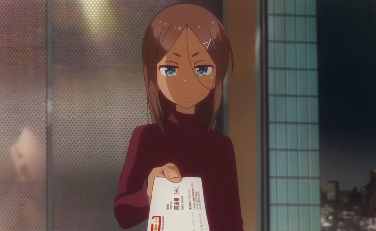 1girl, ahagon_umiko, brown_hair, business_card, green_eyes, long_hair, new_game!, screencap