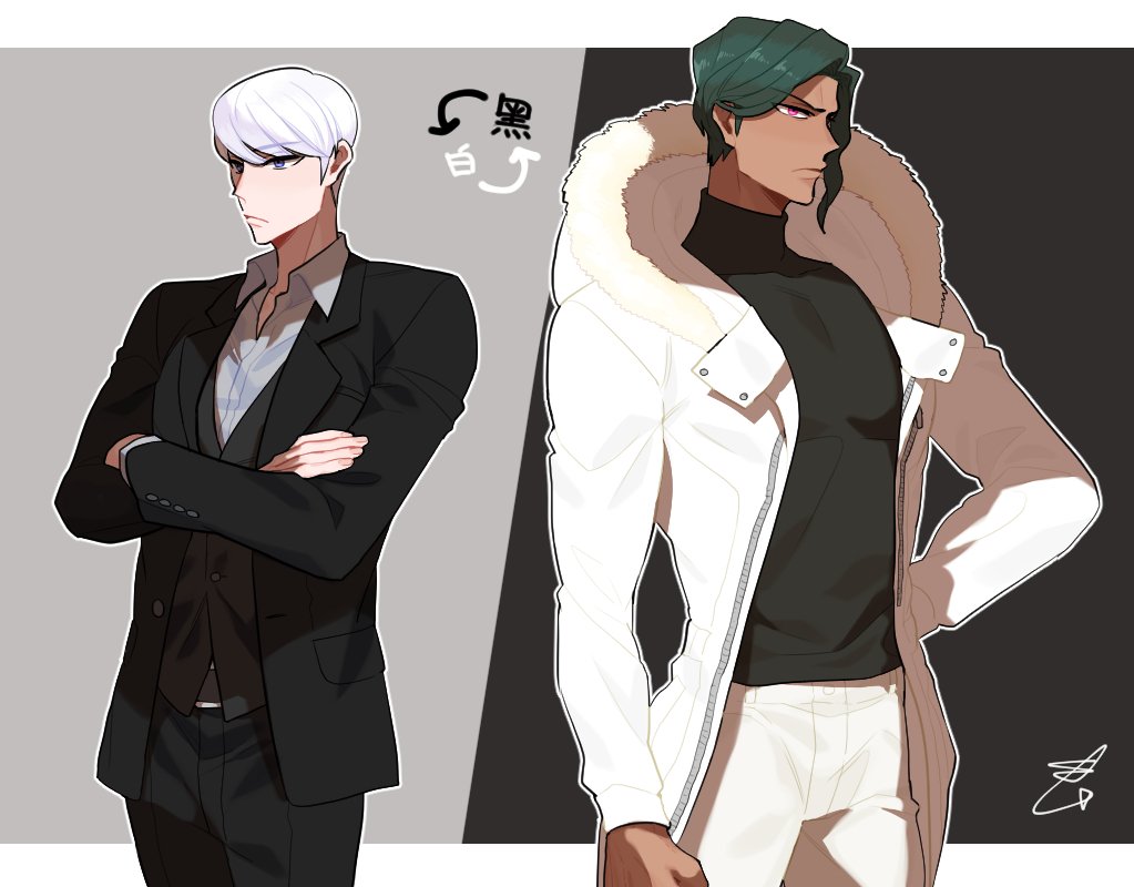 2boys, arrow, blue_eyes, coat, cowboy_shot, crossed_arms, dangan_ronpa, dangan_ronpa_3