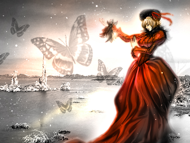 brown_hair, butterfly, closed_eyes, dress, hat, meiko, short_hair, snow