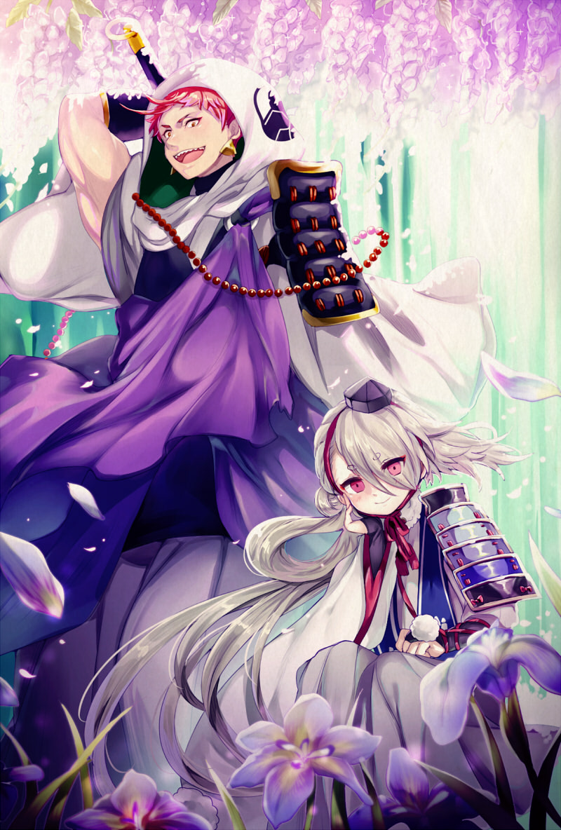 2boys, armor, beads, chin_rest, eyes_visible_through_hair, flower, fumuke_aka, hair_over_one_eye, hat, hood, ima-no-tsurugi, iwatooshi, japanese_armor, japanese_clothes, male_focus, multiple_boys, open_mouth, orange_eyes, orange_hair, petals, red_eyes, sharp_teeth, sitting, smile, sode, teeth, tokin_hat, touken_ranbu, white_hair