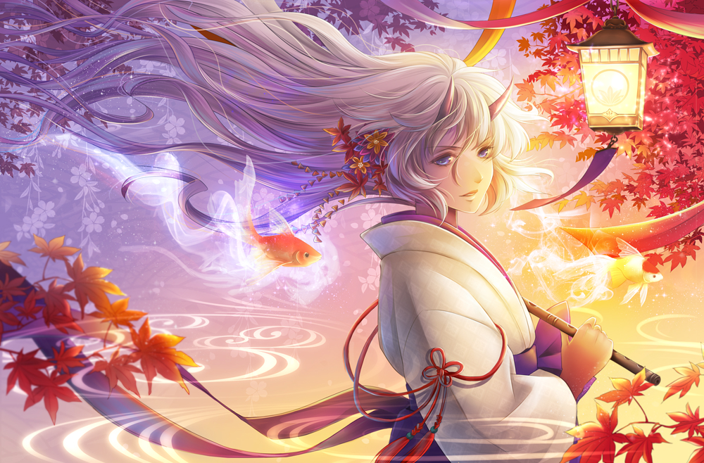 1girl, autumn, autumn_leaves, bangs, blue_eyes, blurry, depth_of_field, egasumi