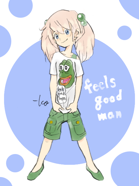1girl, blue_eyes, boy's_club, bracelet, character_name, commentary, green_shoes, green_shorts