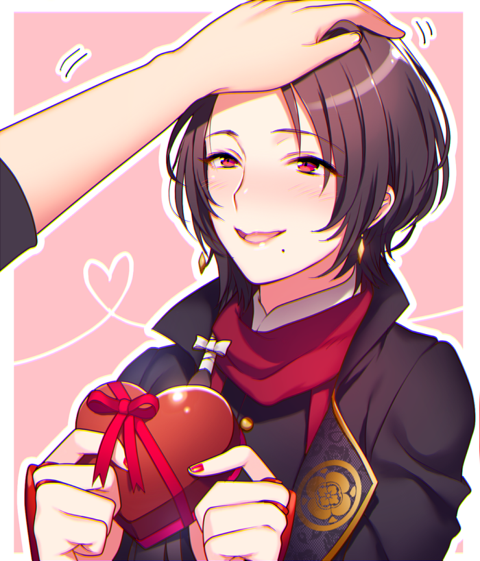 1boy, chocolate, chocolate_heart, earrings, eyebrows, eyebrows_visible_through_hair, heart, heart_of_string