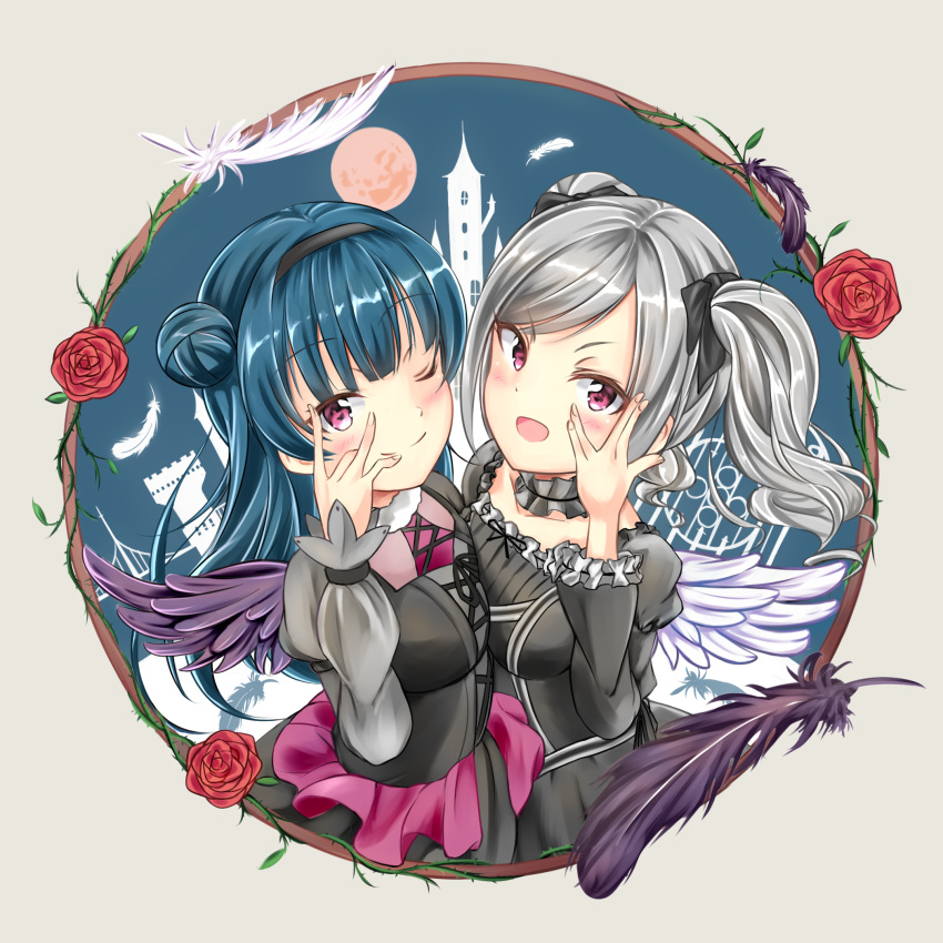 2girls, blue_hair, chuunibyou, drill_hair, feathered_wings, feathers, flower, gothic_lolita