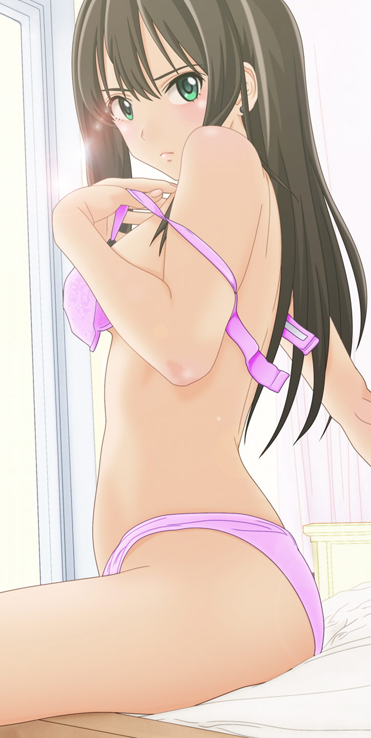 1girl, blush, bra, breasts, brown_hair, earrings, green_eyes, highres
