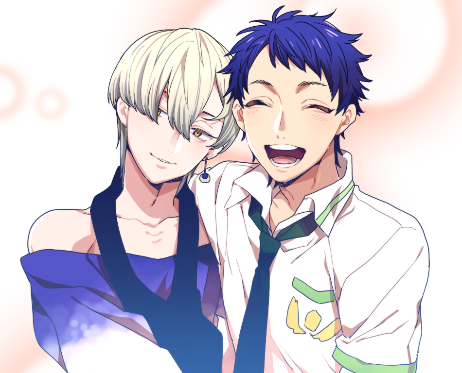 2boys, bare_shoulders, black_necktie, blue_hair, blush, closed_eyes, collarbone, ichijou_shin