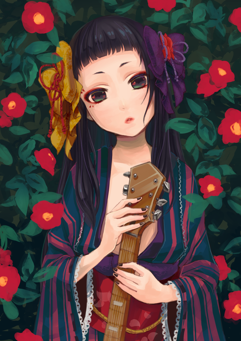 1girl, bangs, black_hair, black_nails, blunt_bangs, bow, breasts, camellia_(flower), flower, green_eyes, hair_bow, head_tilt, holding_instrument, japanese_clothes, kimono, lace-trimmed_sleeves, long_hair, long_sleeves, looking_at_viewer, loose_clothes, makeup, mari_mari, medium_breasts, misaka_(05), nail_polish, obi, parted_lips, purple_bow, red_flower, red_lips, sash, show_by_rock!!, solo, striped_kimono, upper_body, wide_sleeves, yellow_bow