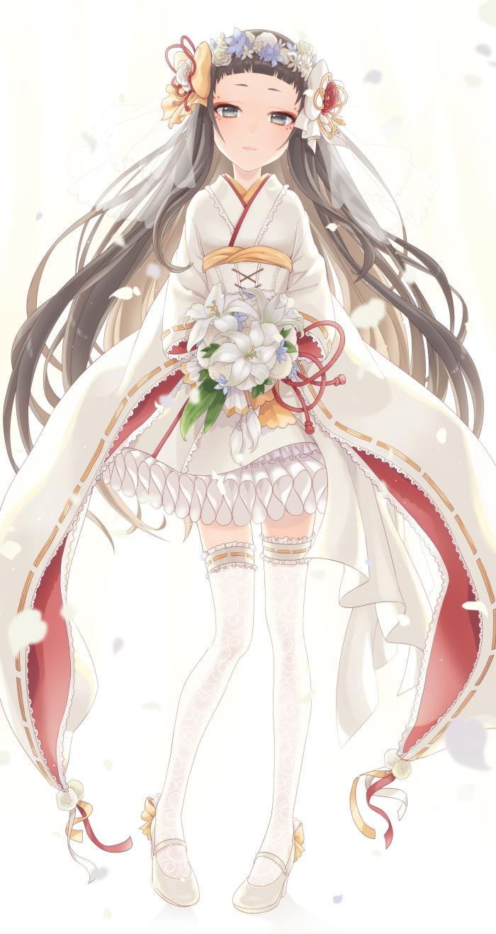 1girl, alternate_costume, bangs, black_hair, blue_eyes, blunt_bangs, bow, bride, closed_mouth, flower, frills, full_body, fur_trim, garters, hair_bow, hair_flower, hair_ornament, head_wreath, high_heels, highres, holding_bouquet, japanese_clothes, kimono, lace-trimmed_sleeves, legs_apart, lily_(flower), long_hair, long_sleeves, looking_at_viewer, makeup, mari_mari, misaka_(05), motion_blur, obi, petals, pom_pom_(clothes), print_legwear, ribbon, ribbon-trimmed_sleeves, ribbon_trim, sash, see-through, shoes, short_kimono, show_by_rock!!, simple_background, solo, standing, thigh-highs, veil, white_background, white_bow, white_flower, white_kimono, white_shoes, wide_sleeves, yellow_bow, yellow_ribbon, zettai_ryouiki